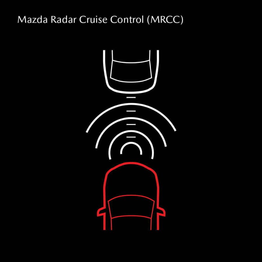 MRCC maintains a set speed and minimum following distance from the car in front. If the car you are following reduces speed, your vehicle will automatically slow down as needed.