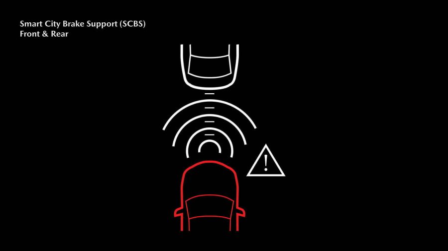 Smart City Brake Support (SCBS) Front & Rear : SCBS automatically applies the brakes if it detects there is a danger of collision at forward speed of 4 - 80 km/h and reverse speed of 2 - 8 km/h.