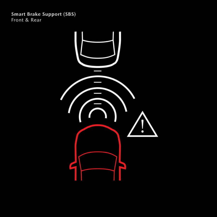 SBS aims to help the driver avoid or reduce the severity of frontal collisions (between 15 - 145 km/h), by automatically applying the brakes if there is a danger of collision.