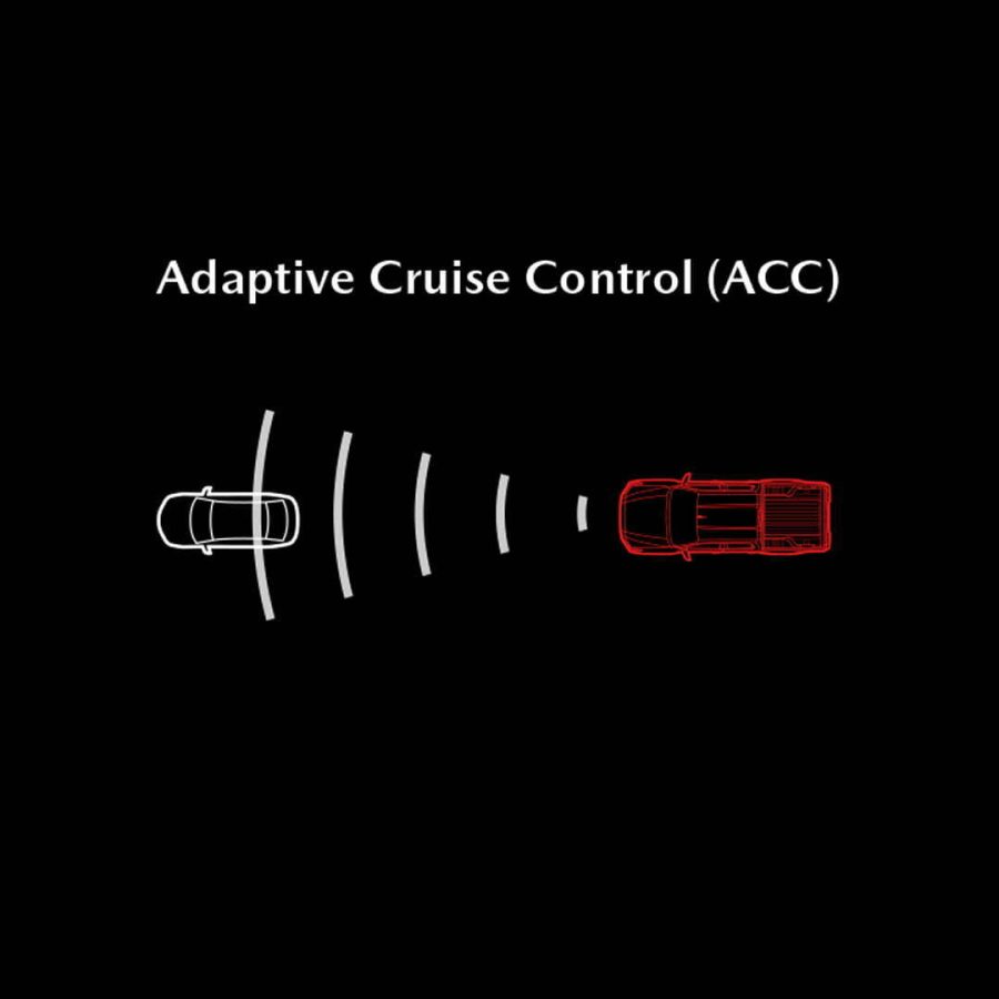 Detects the vehicle in front and adjusts your cruise control speed to maintain a safe distance.