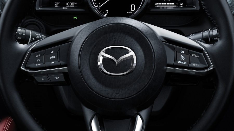 Multifunction steering wheel with electronic integrated cruise control and paddle shifters.